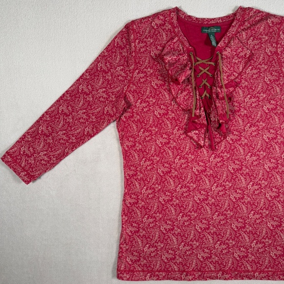Ralph Lauren Top Womens Medium Red Paisley 3/4 Sleeve Ruffle Lace Up Southwest - Picture 2 of 15